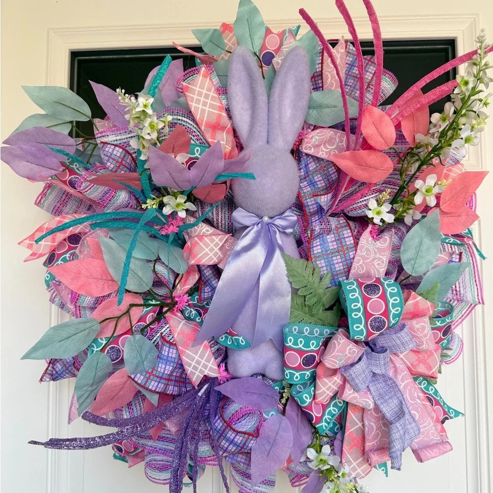 Easter Pastel Bunny Wreath - Purple & Pink Home or Door Decor